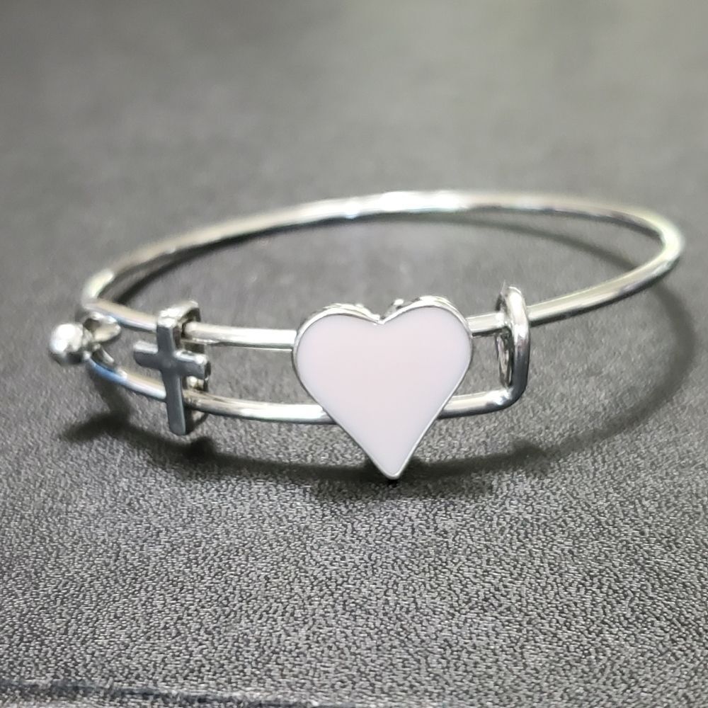 Silver tone slide charm bangle bracelet pink heart 7.25"